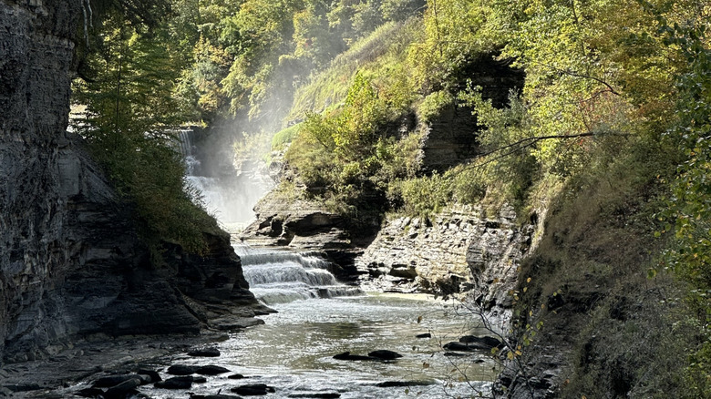 waterfalls flow among shale rock in Letchworth State Park