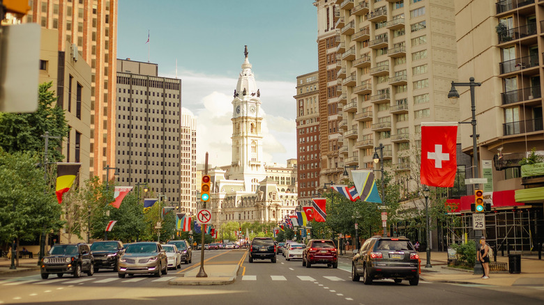 A view towards city hall along Broad Street in Philadelphia