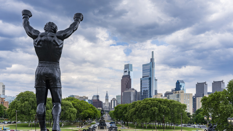 View of the Philadelphia skyline from the Rocky Steps, with the Rocky statue to the left