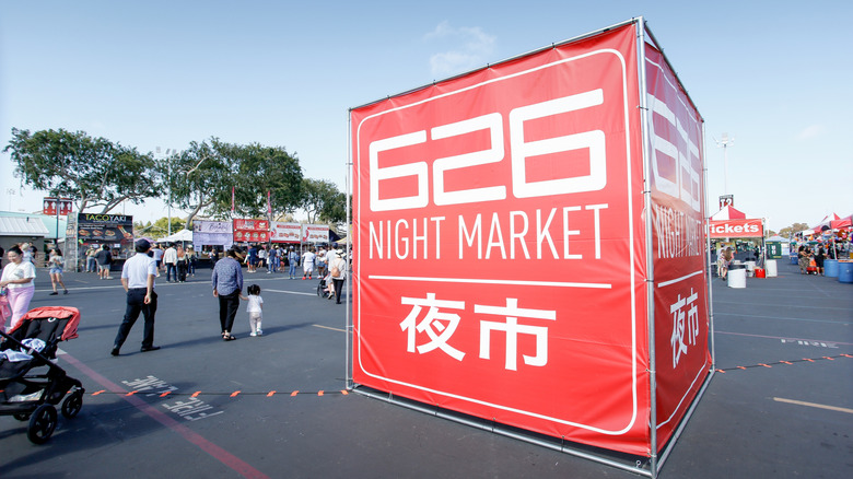 Red sign for the 626 Night Market in Southern California