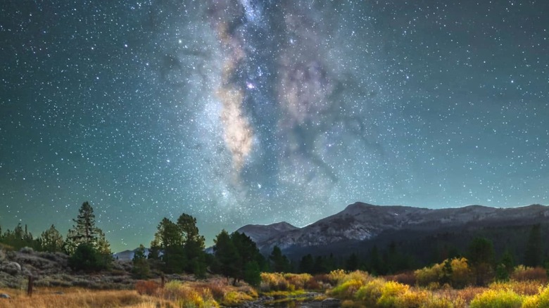 Fall colors surround a stream with pine trees and mountains in the distance as the Milky Way shines through clear, dark skies.