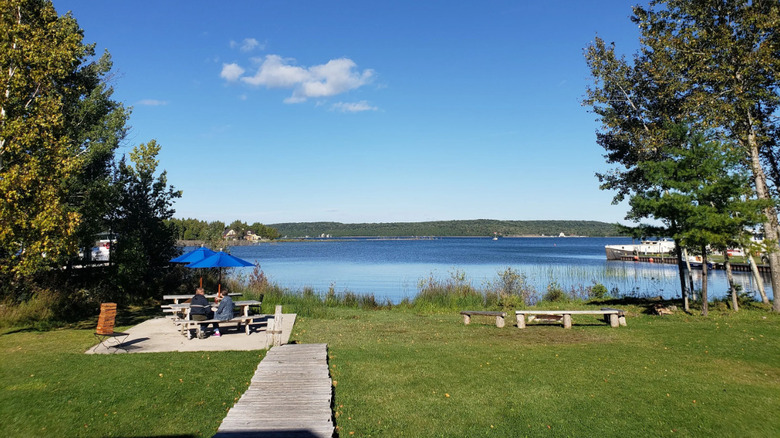 Patio on the lake in fron of the Jacson Harbor Soup restaurant in Washington, Wisconsin