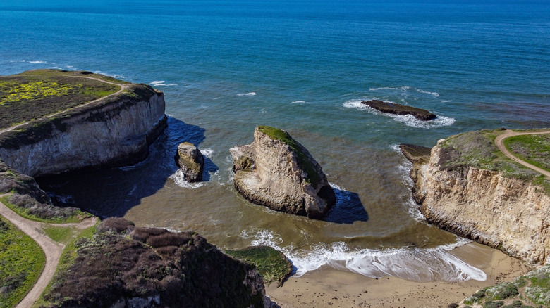 An aerial view of Shark Fin Cove in Davenport