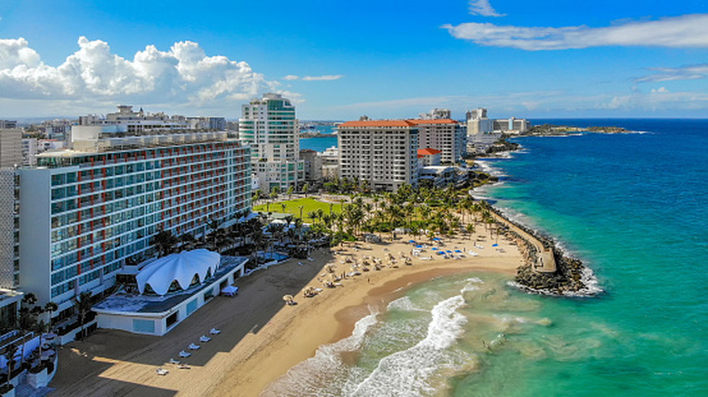 aerial view of beach and resorts