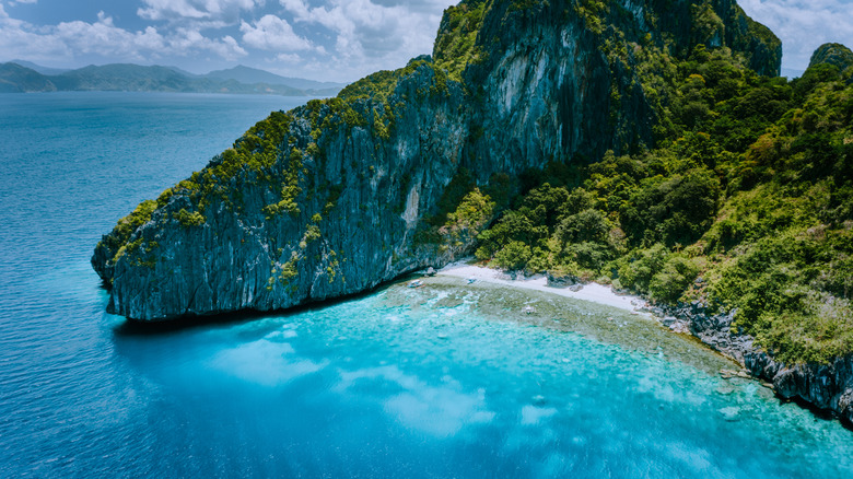 Forest-covered cliffsides sheltering a white sand beach and crystal clear blue waters