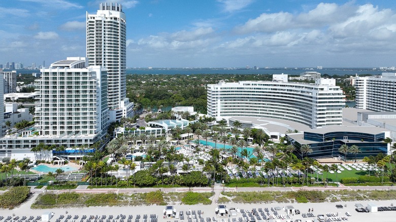 View of the Fontainebleau hotel, pools, and beachfront in Miami