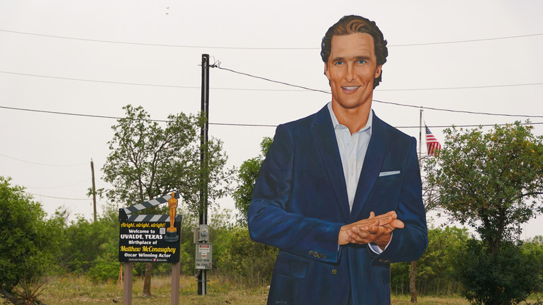 17 foot cut-out of actor Matthew McConaughey outside Uvalde, Texas