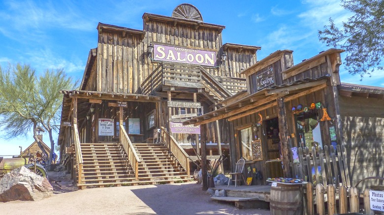 Wooden exterior of the Goldfield Saloon in the once bustling Nevada town of Goldfield, now largely a ghost town
