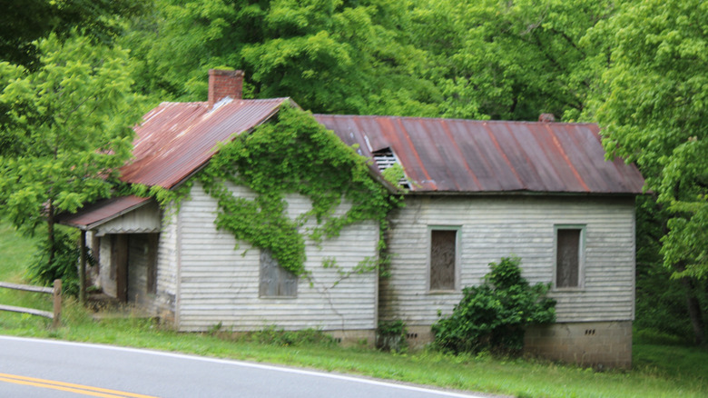 An abandoned house covered by leaves in Henry River Mill Village, North Carolina