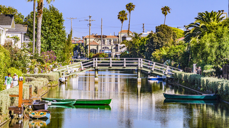 Bridge over one of the Venice Canals lined by green trees in Los Angeles, California