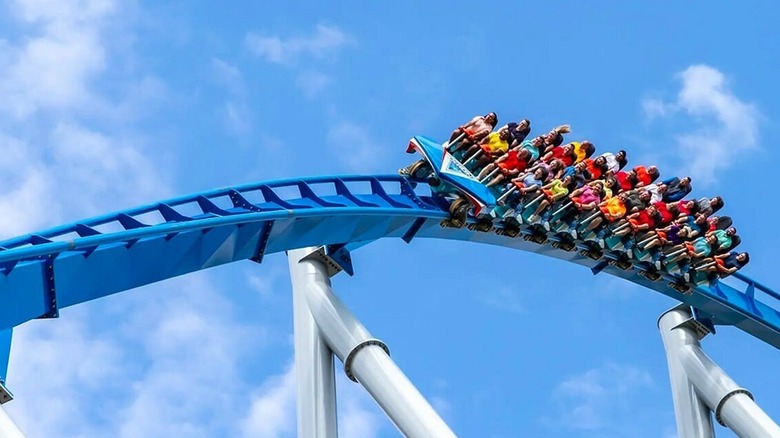 People on a roller coaster at King's Island in Mason, Ohio