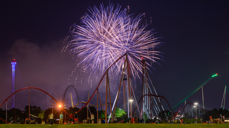 Fireworks illuminate the night sky over the roller coasters of Carowinds