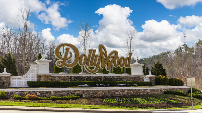 The decorative Dollywood entry sign in Pigeon Forge, Tennessee
