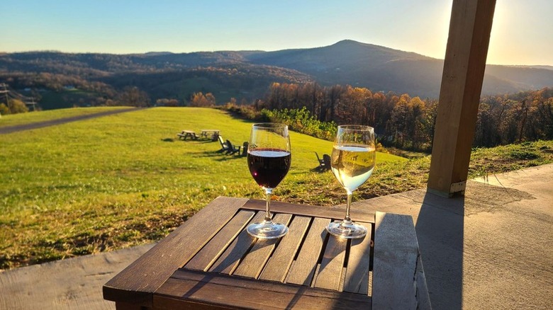 Two glasses of wine on a small wooden table with a lawn and mountains in the background at Capstone Vineyards