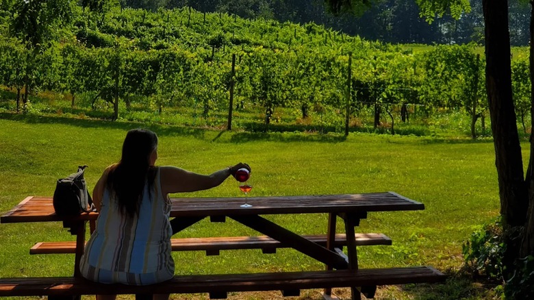A woman pouring wine into a glass in front of vineyards at North Mountain Vineyard & Winery