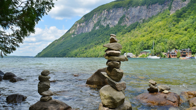 rock cairns along the shore of Vermont's Lake Willoughby