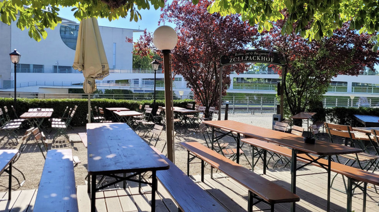 Outdoor seating at the Zollpackhof Beer Garden in Berlin