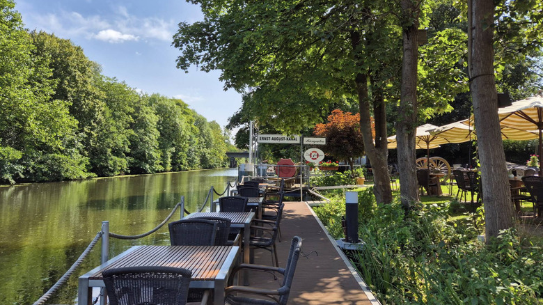 Riverside seating at Zum Angler in Hamburg