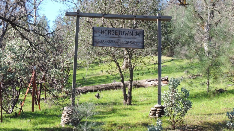 A wooden frame with a sign that says "Horsetown Clear Creek Preserve" and a grassy hill with trees in the background