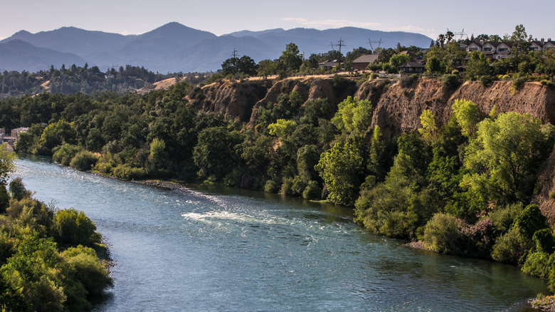 The Sacramento River flowing near Redding, California, with trees and a cliff on one side and mountains in the background