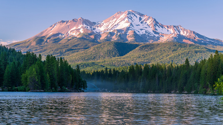 Lake Siskyou at sunset with a snow covered Mt.Shasta in the distance and pine trees on either side