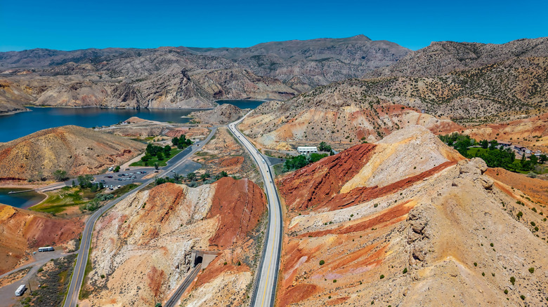 A highway through Wind River Canyon, rivers, and mountains at Boysen State Park in Wyoming