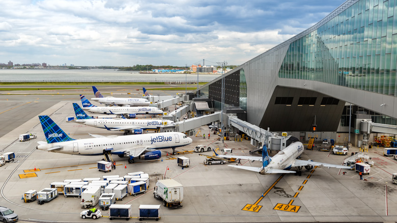 JetBlue planes at gates in LaGuardia Airport (LGA) in New York