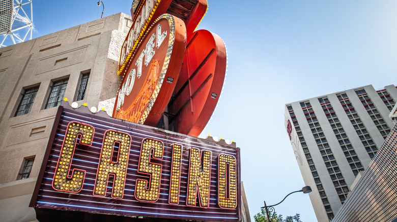 Close-up of the iconic vintage neon signage at Golden Gate Hotel and Casino, situated prominently on Fremont Street in downtown Las Vegas.
