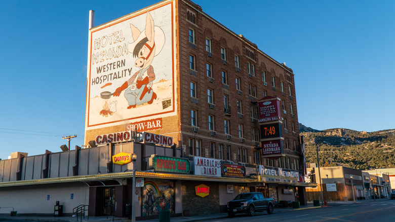 Exterior view of historic Hotel Nevada and Casino, opened 1929, in the small town of Ely, Nevada