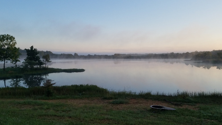 Mist over Bloodland Lake at the former Bloodland townsite in Missouri