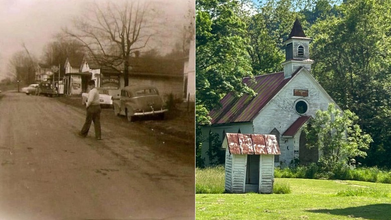 A 1950s sepia-toned photo of Kyger on the left, with a man walking down a dirt road lined in old cars and buildings, and abandoned Kyger Methodist Church. On the right, a red-roofed white church surrounded by trees