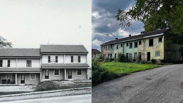 A black and white photo of Iron Soup when newly constructed on the left and a dilapidated building of the housing development, with empty windows and faded walls, surrounded by grass on the right.