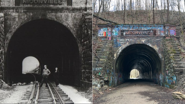 A side-by-side of the Moonville Tunnel before and after. On the left is a black-and-white photo with two people standing on the tracks, and on the right is the current tunnel with grafitti on its facade and leafless trees above