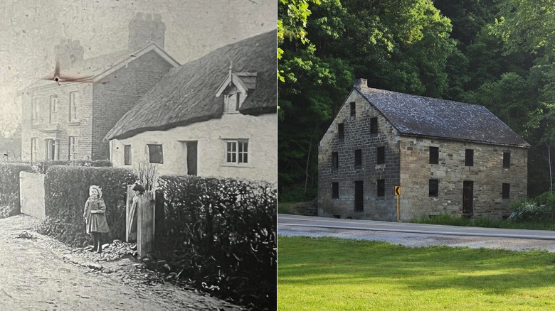 On the left, an old black-and-white photo of a brick building and white-walled home with kids standing out front, on the right the ruins of Hambleton's Mill, a stone mill with empty windows by a roadside, surrounded by trees