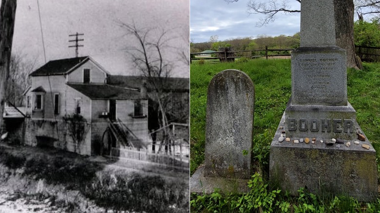 A side-by-side photo of an old black-and-white photo of a mill on the left and two graves in a green field with a tree and fence in the background, under a cloudy sky on the right