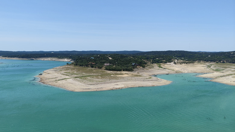 An aerial view of Medina Lake and its turquoise water in Texas