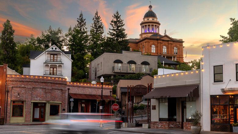 Early morning view of Auburn's historic downtown, brick buildings, and Courthouse
