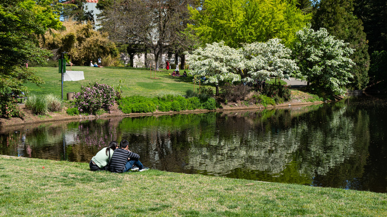 A couple sitting next to the water and gardens at UC Davis' Arboretum and Public Garden