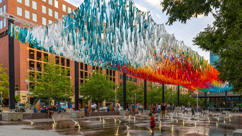 The aerial sculpture, Skynets Over Downtown, in Denver