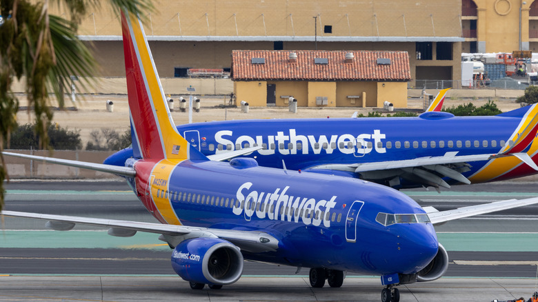 Southwest Airlines Boeing 737-700 taxiing at San Diego International Airport (SAN) with another Southwest 737 in the background and palm fronds on left side