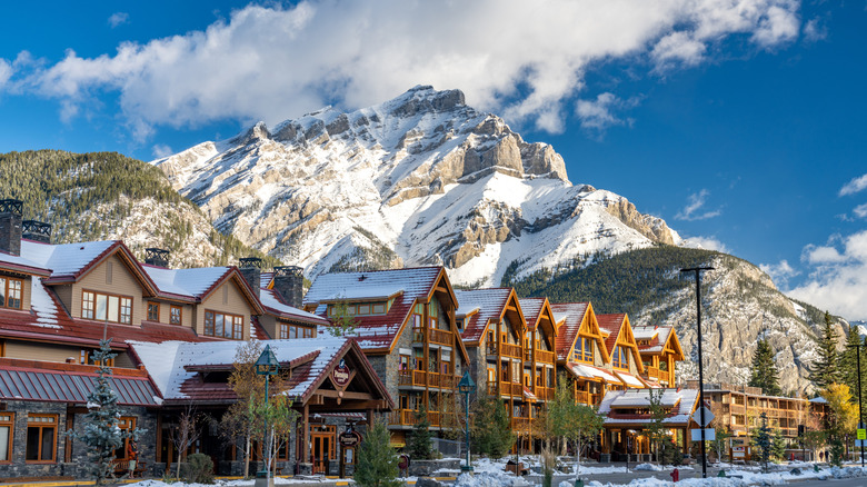 A snowy street view of Banff, Alberta, located inside Banff National Park in Canada