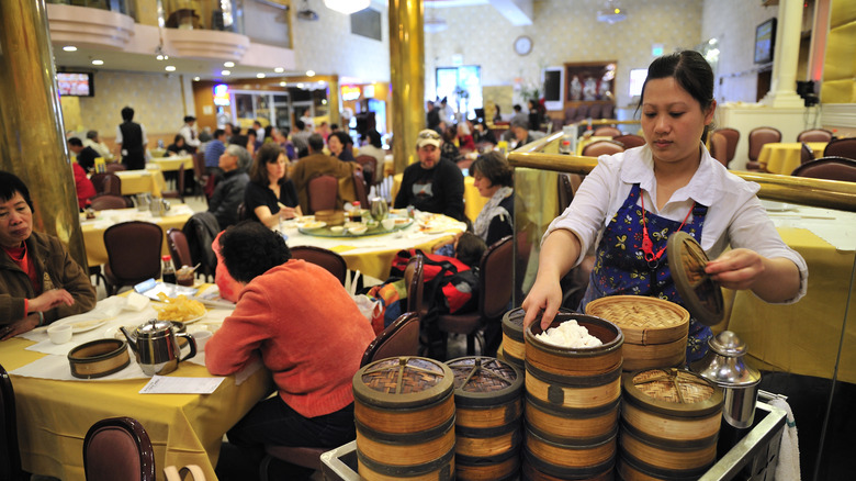 Patrons having dim sum at a restaurant in San Francisco, California