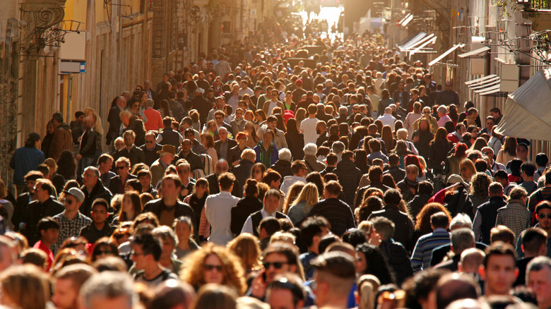 Busy street packed with tourists