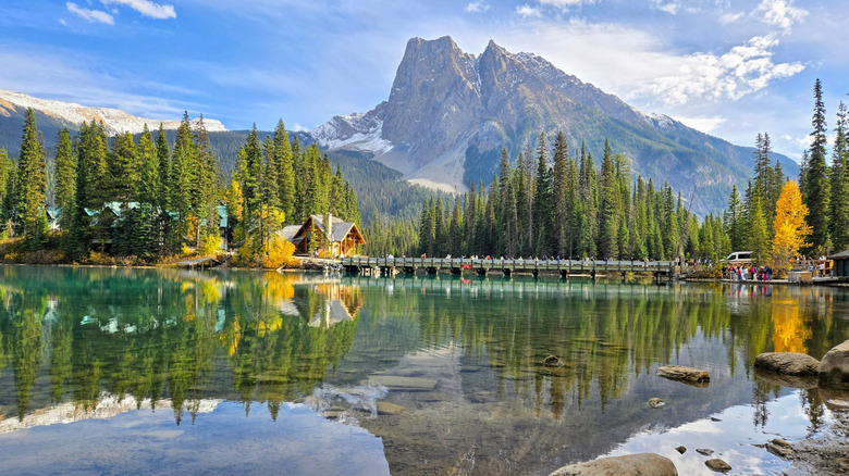 Scenic view of Emerald Lake with pine trees and mountain reflections in Yoho National Park, Canada, under a clear blue sky.