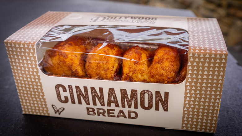 Close up view of a cinnamon bread box sitting on a table at Dollywood