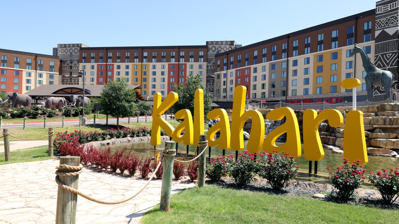 Exterior view of Kalahari Resort hotel with yellow signage