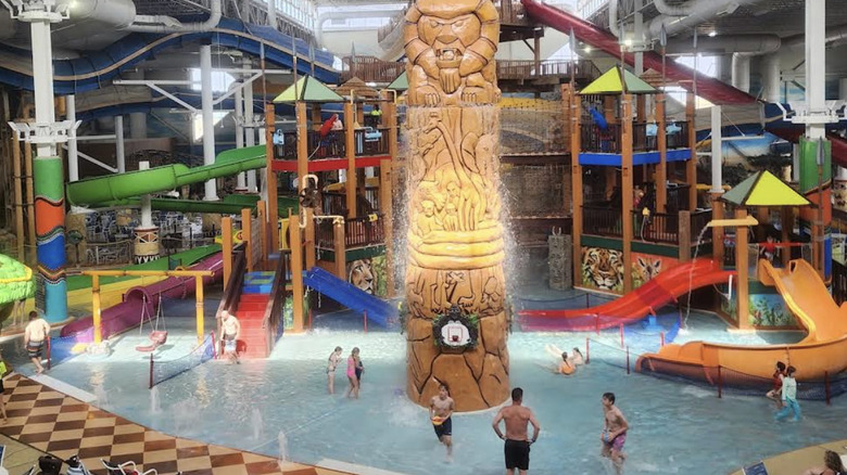 View of the large, colorful waterpark area at Kalahari Resort in the Wisconsin Dells