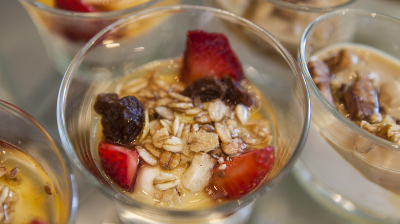 Close up view of yogurt and granola at breakfast buffet at Hilton Hotel.