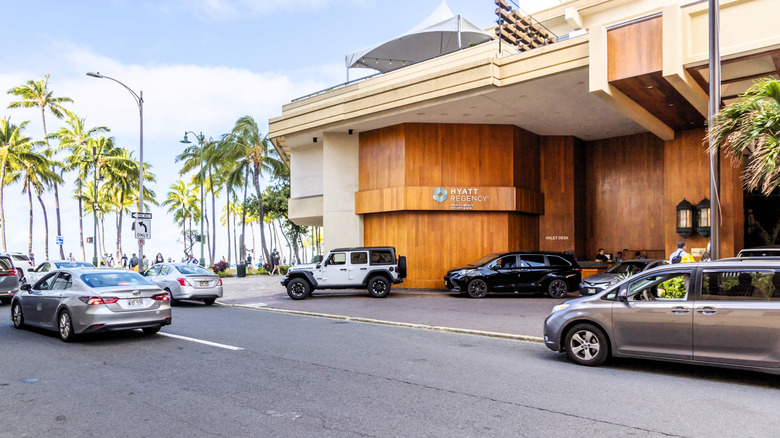 View of road and parking area at the Hyatt Regency Waikiki Beach Resort and Spa in Hawaii