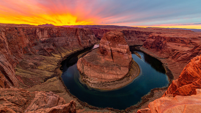 Aerial view of a vibrant sunset over Horseshoe Bend, Grand Canyon, Arizona, United States